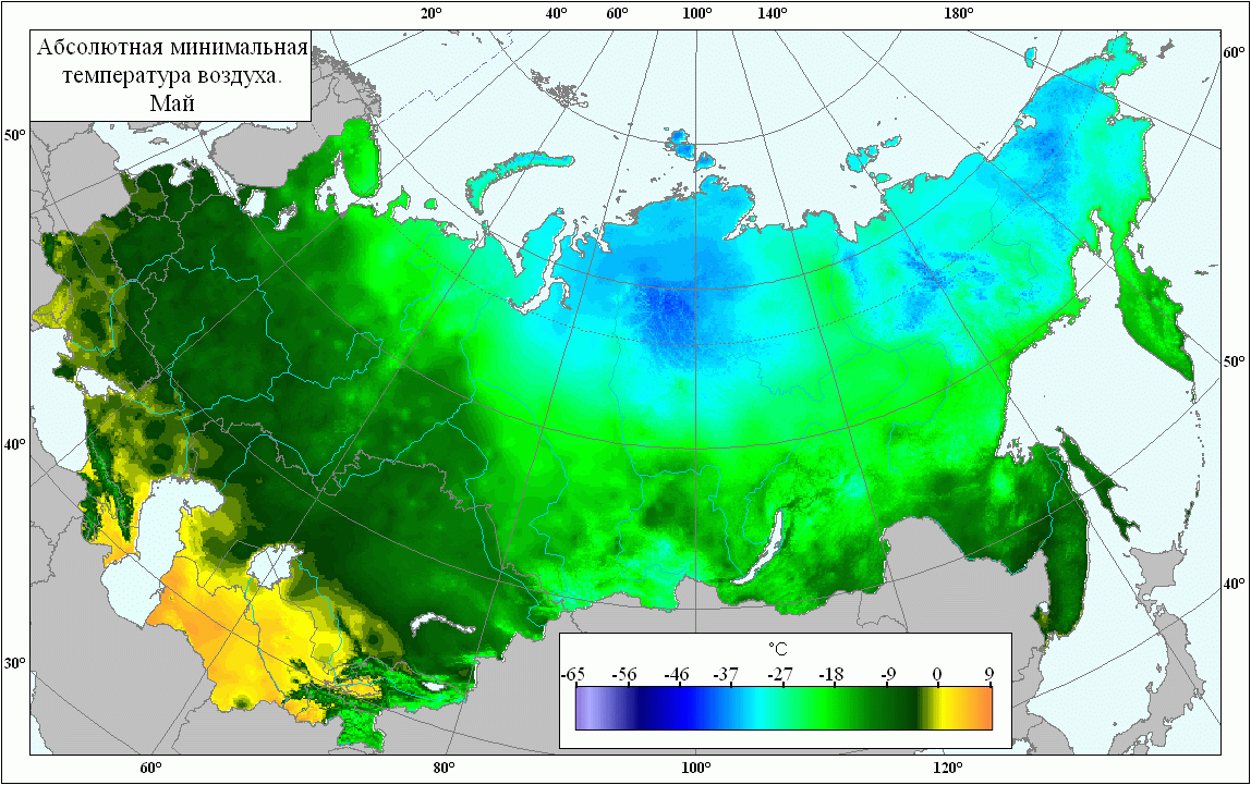 AgroAtlas - Климат - Карта абсолютного минимума температуры воздуха в мае .