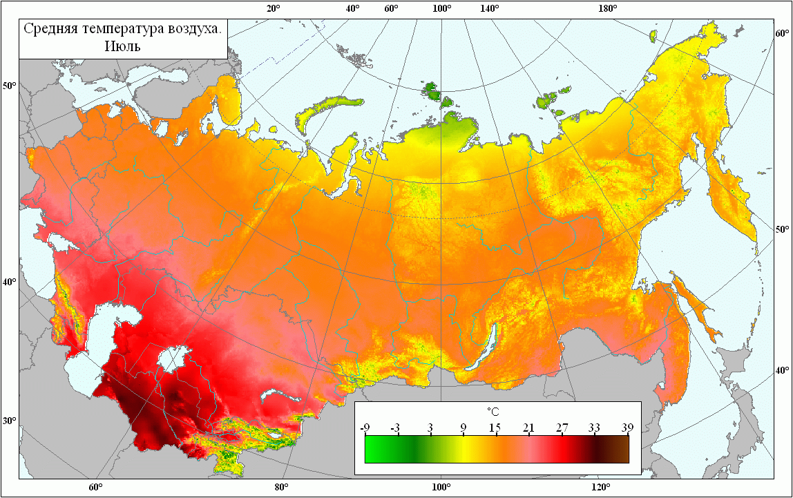 AgroAtlas - Климат - Карта средней среднемноголетней температуры воздуха заиюль .