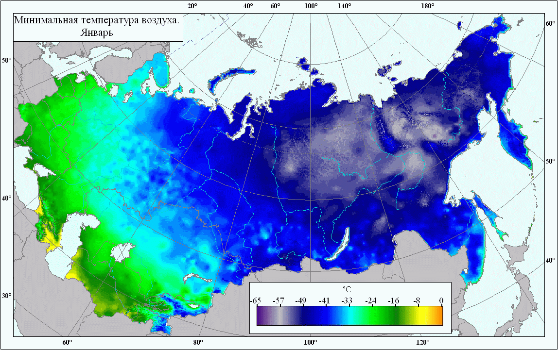 AgroAtlas - Климат - Карта среднемноголетней минимальной температурывоздуха . Январь